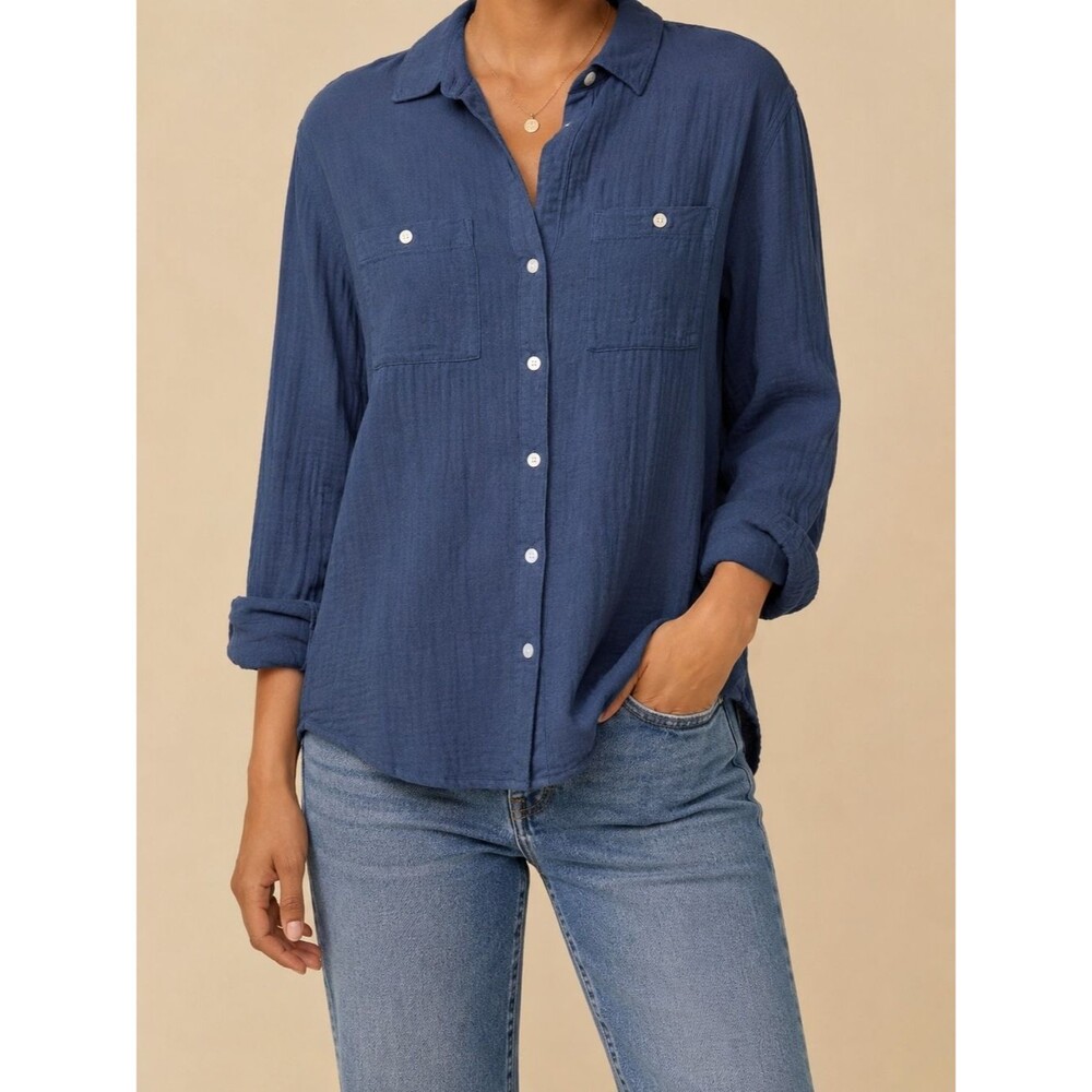 Caslon Blue 100% Cotton Gauze Button Front Shirt Women XXS Long Sleeve Runs Big!